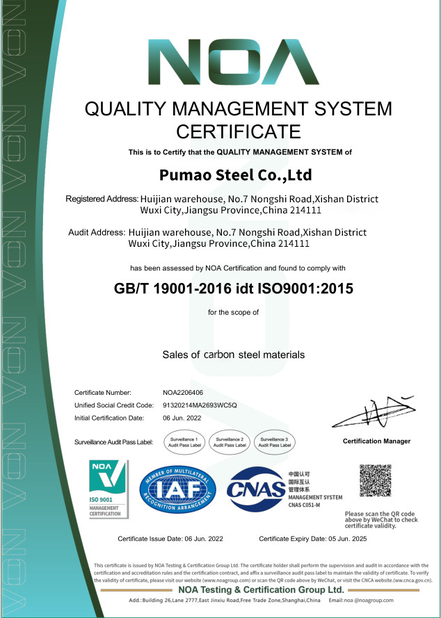 Chiny Pumao Steel Co., Ltd. Certyfikaty
